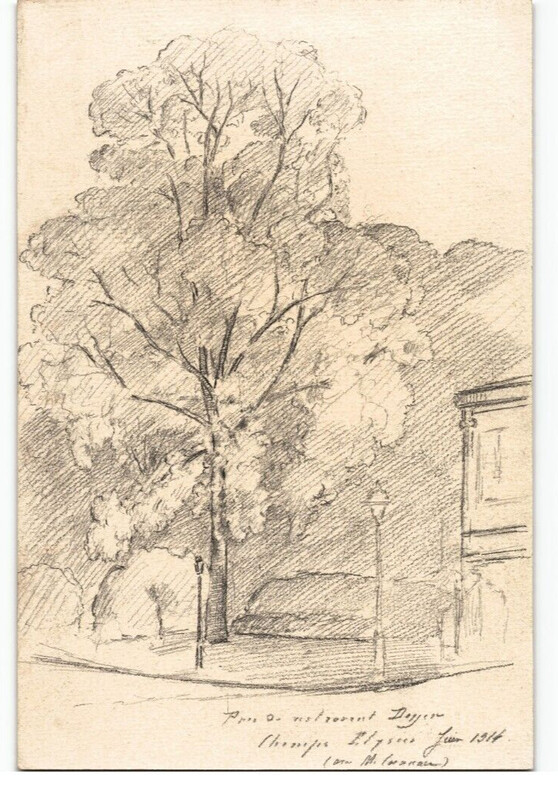 Dessin au crayon, Parc du restaurant Doyen Champs-&Eacute;lys&eacute;es par E. Phelipeau 1914. E. Phelipeau