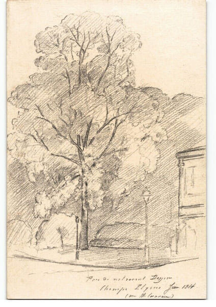 Dessin au crayon, Parc du restaurant Doyen Champs-&Eacute;lys&eacute;es par E. Phelipeau 1914. E. Phelipeau