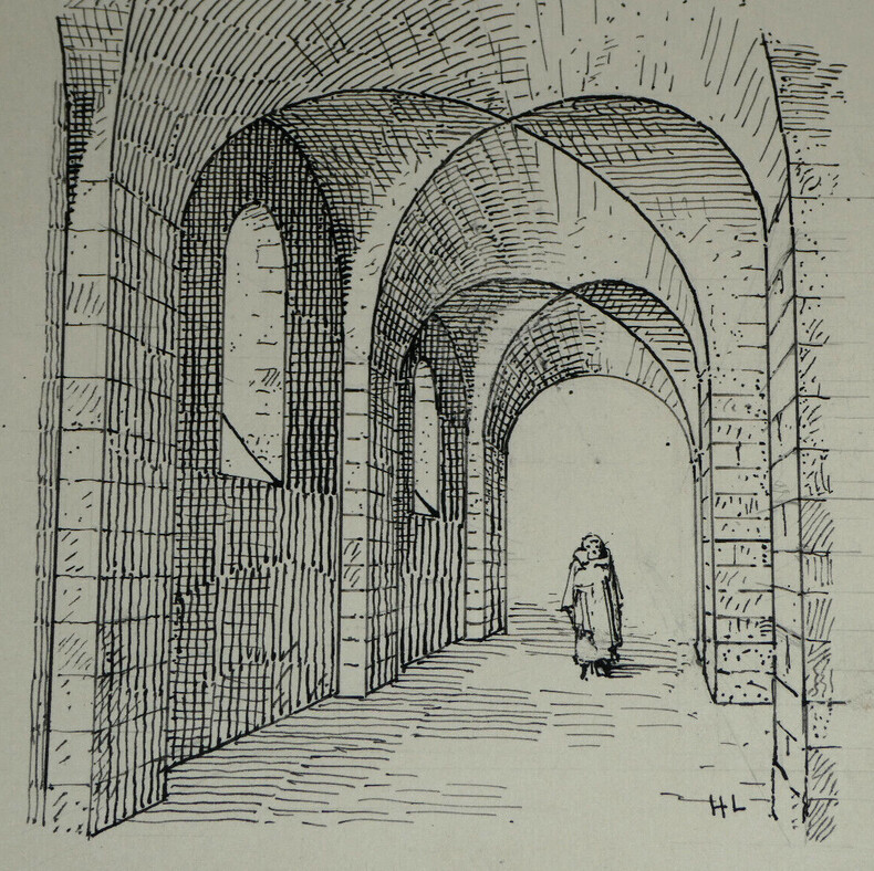 Vo&ucirc;te continue - Vo&ucirc;te d'ar&ecirc;te &agrave; la romaine, Berceau continu - Dessin original sign&eacute;. Louis Henri Laffill&eacute;e