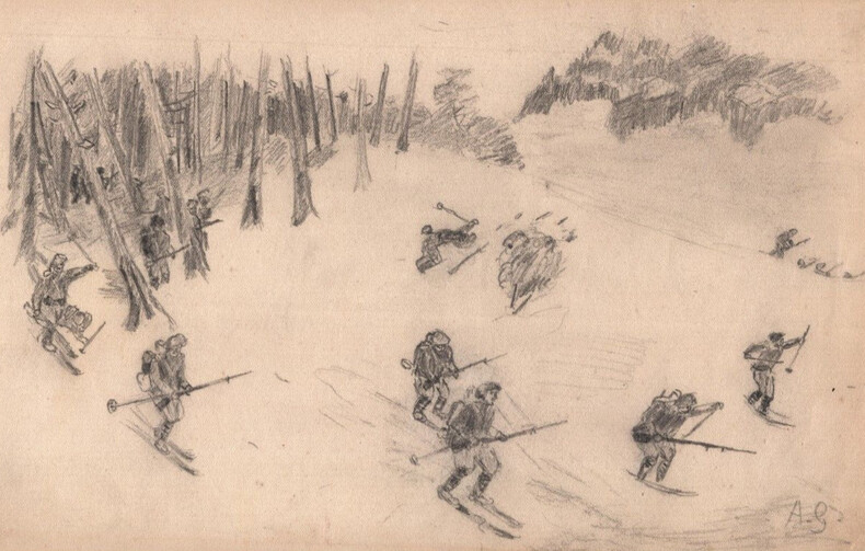 Esquisse de skieurs militaires en montagne. 