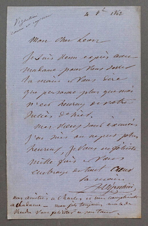 Albert VIZENTINI, Violoniste - LETTRE AUTOGRAPHE SIGN&Eacute;E, 1862. Albert VIZENTINI