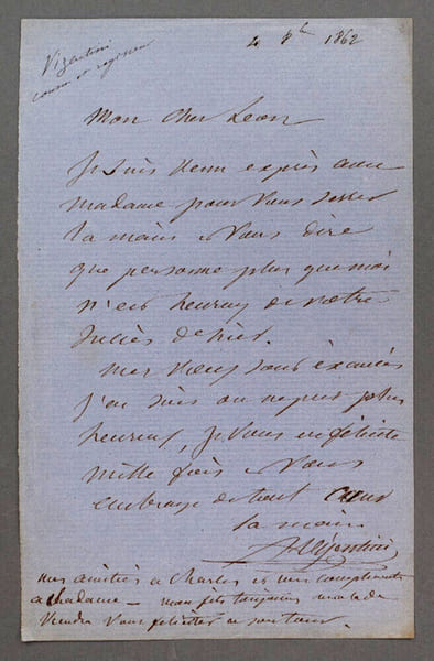 Albert VIZENTINI, Violoniste - LETTRE AUTOGRAPHE SIGN&Eacute;E, 1862. Albert VIZENTINI