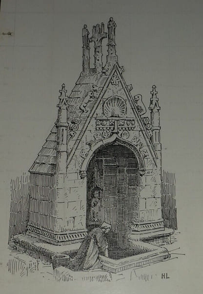 Fontaine de Cl&eacute;gu&eacute;rec (Morbihan) - Dessin original sign&eacute; &agrave; l'encre vers 1930. Louis Henri Laffill&eacute;e
