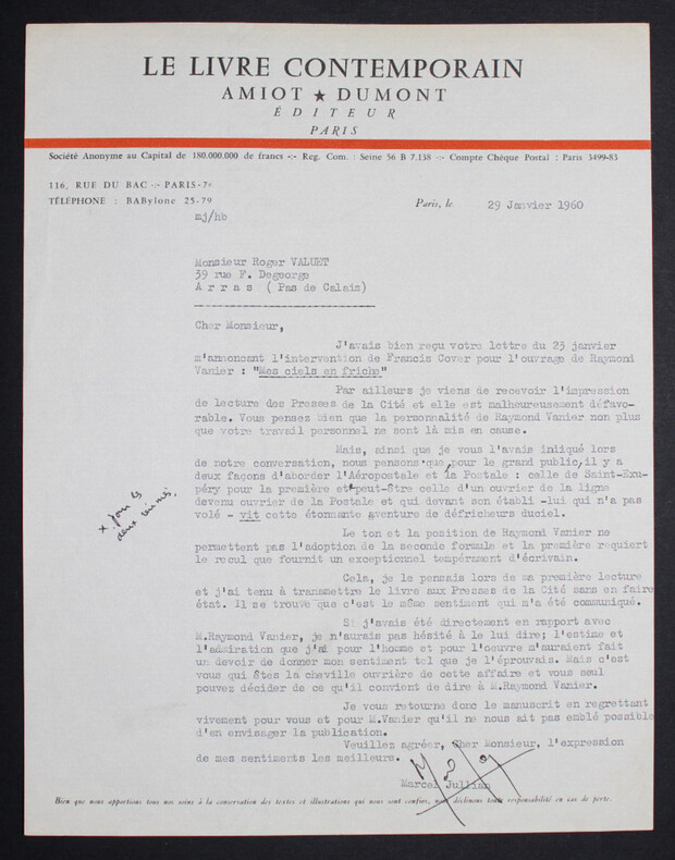 Marcel JULLIAN, &Eacute;crivain - TAPUSCRIT SIGN&Eacute; DE REMERCIEMENTS A Roger VALUET, 1960. Marcel JULLIAN