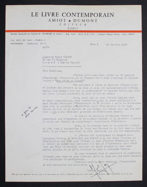 Marcel JULLIAN, &Eacute;crivain - TAPUSCRIT SIGN&Eacute; DE REMERCIEMENTS A Roger VALUET, 1960. Marcel JULLIAN