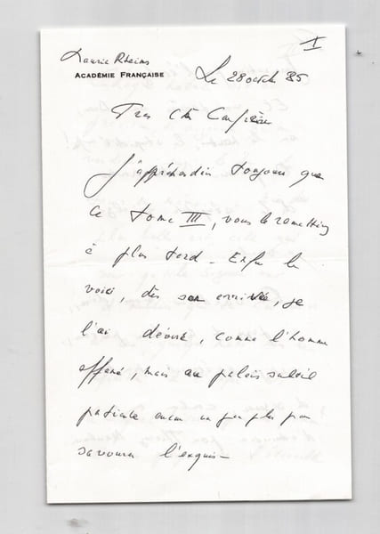 Maurice Rheims - Lettre autographe sign&eacute;e &agrave; Thierry Maulnier – 1985 – &Agrave; propos du Tome III de son œuvre. Maurice Rheims