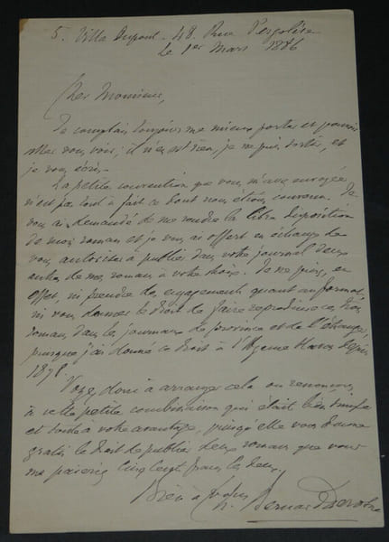 Charles BERNARD-DEROSNE - LETTRE AUTOGRAPHE SIGN&Eacute;E droits litt&eacute;raires, 1886. Charles Bernard-Derosne