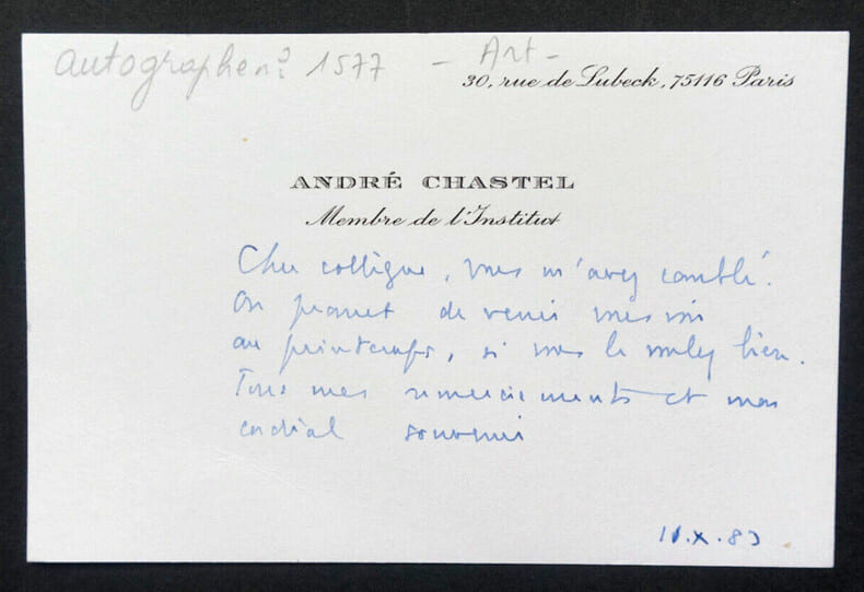 Andr&eacute; CHASTEL, Historien de l'art - CARTE DE VISITE AUTOGRAPHE, 1989. Andr&eacute; CHASTEL