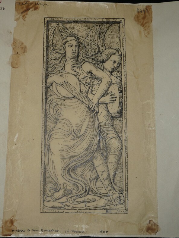 Choeur d'anges de la fa&ccedil;ade de Saint-Bernardin, P&eacute;rouse — Dessin original sign&eacute;, encre vers 1930. Louis Henri Laffill&eacute;e