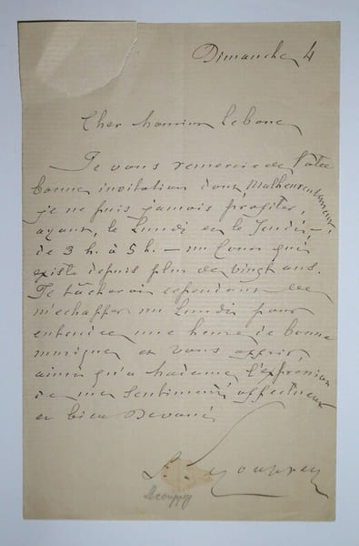 Lettre autographe sign&eacute;e. F&eacute;lix Le Couppey