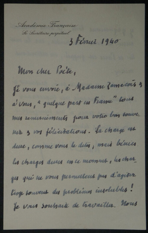 Andr&eacute; BELLESSORT - LETTRE AUTOGRAPHE SIGN&Eacute;E &agrave; Miguel ZAMACO&Iuml;S, 1940. Andr&eacute; Bellessort