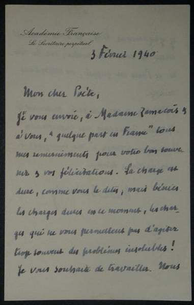 Andr&eacute; BELLESSORT - LETTRE AUTOGRAPHE SIGN&Eacute;E &agrave; Miguel ZAMACO&Iuml;S, 1940. Andr&eacute; Bellessort
