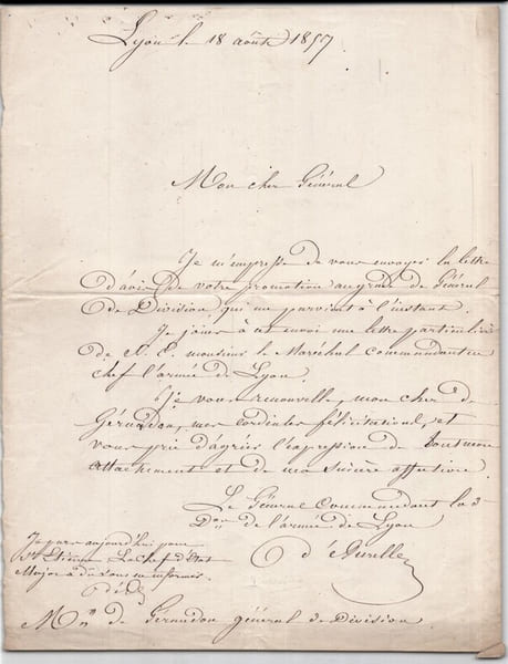 Louis d'AURELLE DE PALADINES Lettre autographe sign&eacute;e 1857 au G&eacute;n&eacute;ral Division. Louis d'AURELLE DE PALADINES
