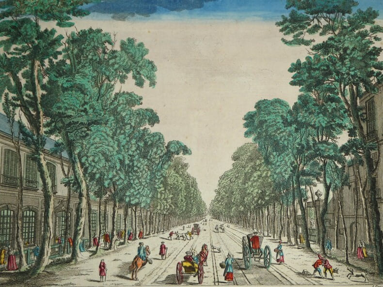 Vue d'Optique Repr&eacute;sentant Les Boulvards de Paris pris du grand Caff&eacute; pr&eacute;s le Reservoir de la Ville. Daumont