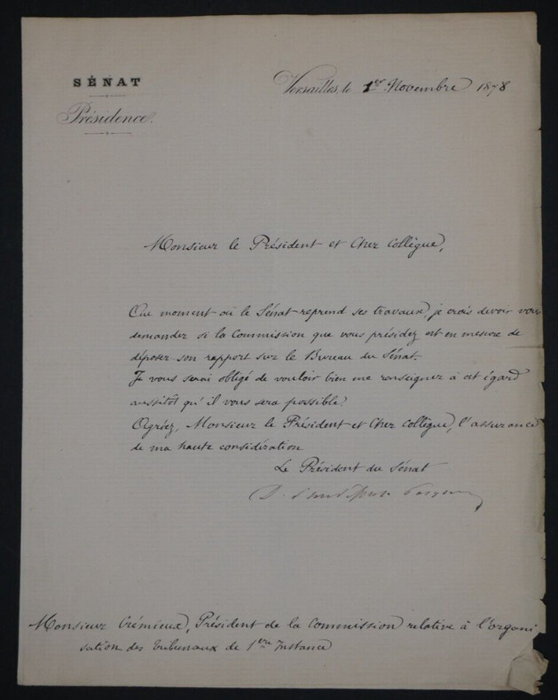 Gaston d'Audiffret, Homme politique - LETTRE SIGN&Eacute;E, Versaille, 1878. Gaston d'Audiffret