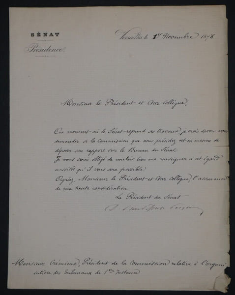 Gaston d'Audiffret, Homme politique - LETTRE SIGN&Eacute;E, Versaille, 1878. Gaston d'Audiffret