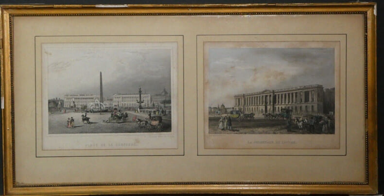 Deux gravures couleur - Paris Place de la concorde et La Colonnade du Louvre - Rouargue fr&egrave;res. Rouargue fr&egrave;res