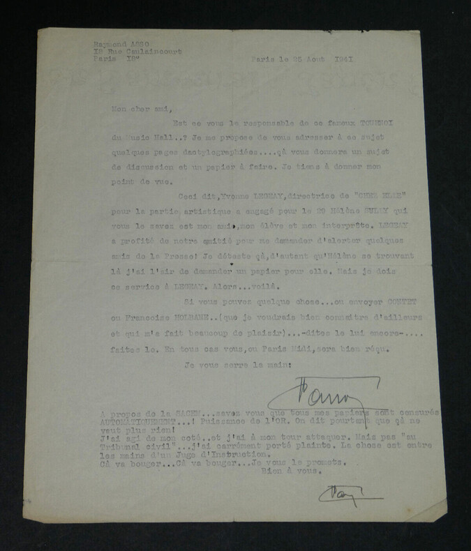 Raymond ASSO - Lettre dactylographi&eacute;e sign&eacute;e &agrave; Pierre LHOSTE - Music-Hall - 1941. Raymond ASSO