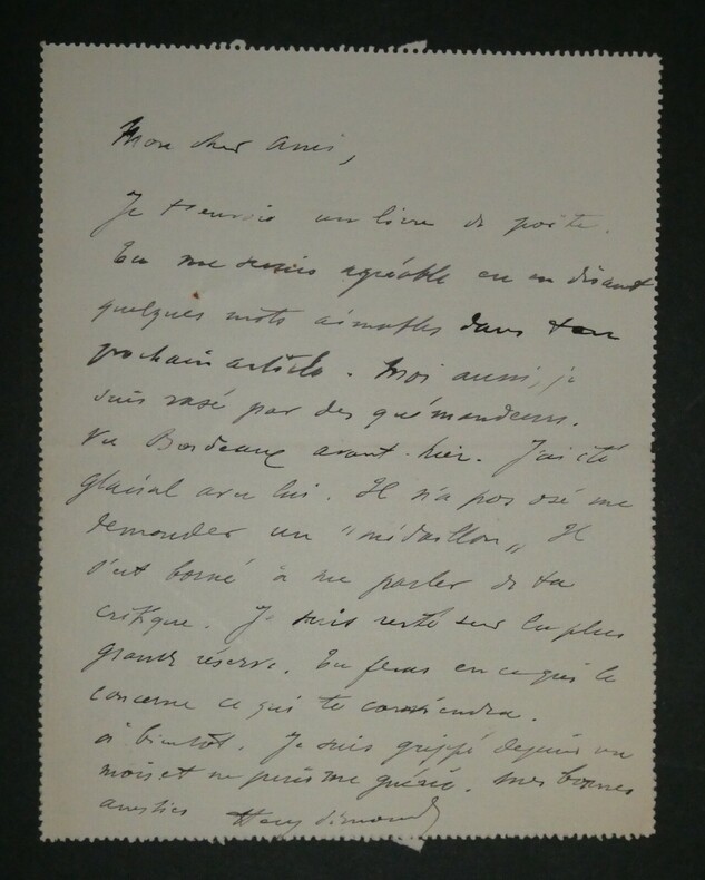 SIMON Henri - CARTE LETTRE AUTOGRAPHE SIGNEE &Agrave; Charles FOLEY, JOURNAL. Henri Simon