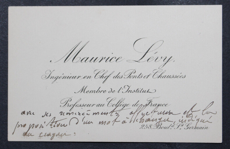 Maurice L&Eacute;VY, Ing&eacute;nieur - CARTE DE VISITE AUTOGRAPHE DE REMERCIEMENTS. Maurice L&Eacute;VY
