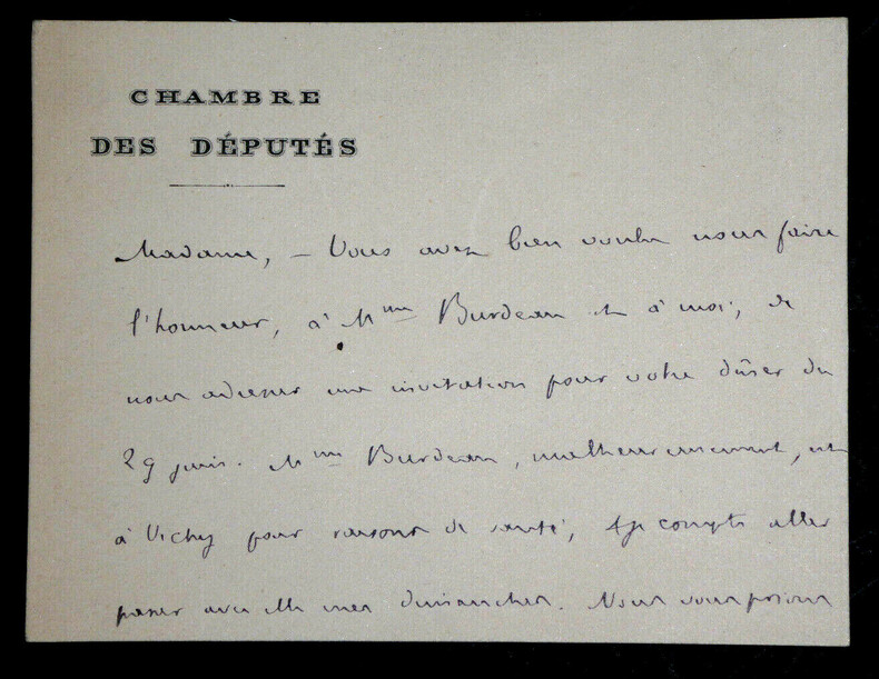 Auguste BURDEAU - CARTE AUTOGRAPHE SIGN&Eacute;E, Paris, 1889. Auguste Burdeau