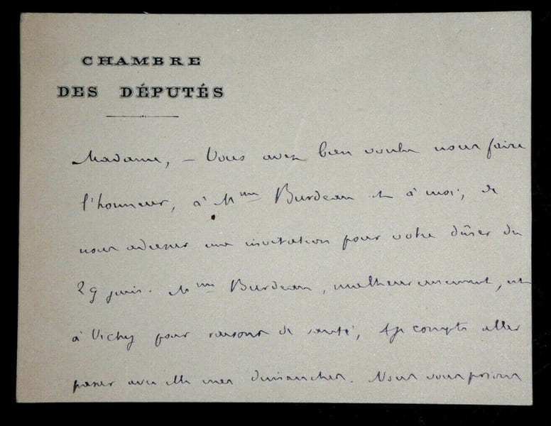 Auguste BURDEAU - CARTE AUTOGRAPHE SIGN&Eacute;E, Paris, 1889. Auguste Burdeau
