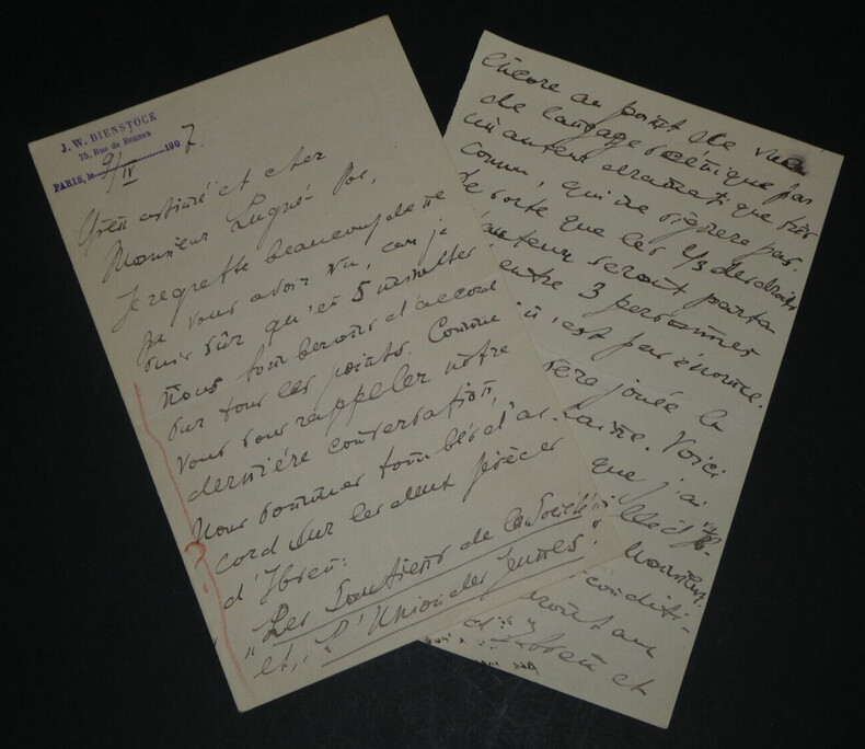 Jean Wladimir BIENSTOCK - LETTRE AUTOGRAPHE SIGN&Eacute;E &agrave; Aur&eacute;lien LUGN&Eacute;-POE, 1907, 6 pages. BIENSTOCK, Jean Wladimir