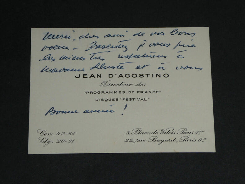 Jean D'AGOSTINO - CARTE DE VISITE AUTOGRAPHE DE VŒUX &Agrave; Pierre LHOSTE. Jean D'AGOSTINO