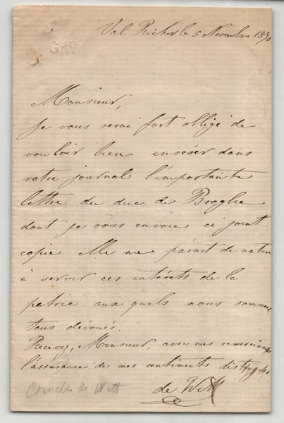 Corn&eacute;lis Henri de Witt - Lettre autographe sign&eacute;e - 1870. Corn&eacute;lis Henri de Witt