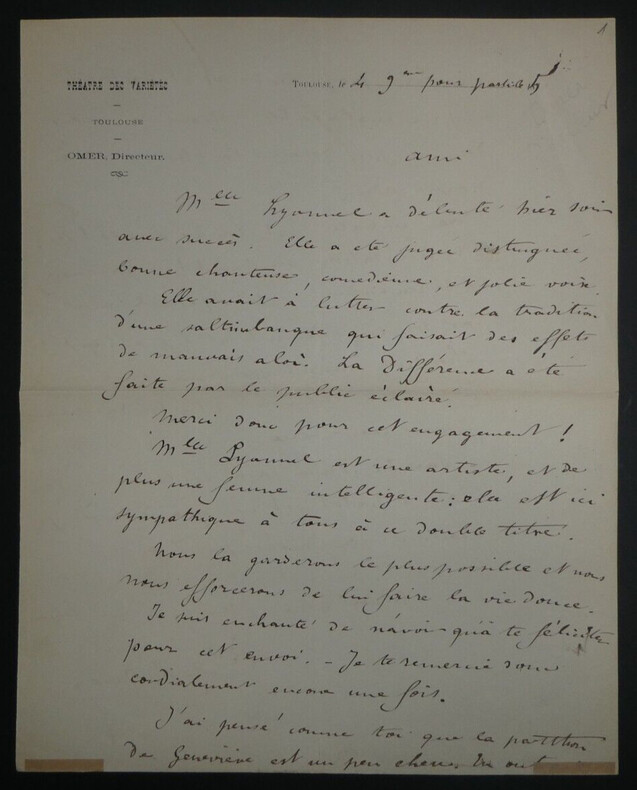 Omer Th&eacute;ophile PENOT - LETTRE AUTOGRAPHE SIGN&Eacute;E Th&eacute;&acirc;tre des Vari&eacute;t&eacute;s 2 pages. Omer Th&eacute;ophile PENOT
