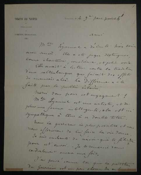 Omer Th&eacute;ophile PENOT - LETTRE AUTOGRAPHE SIGN&Eacute;E Th&eacute;&acirc;tre des Vari&eacute;t&eacute;s 2 pages. Omer Th&eacute;ophile PENOT