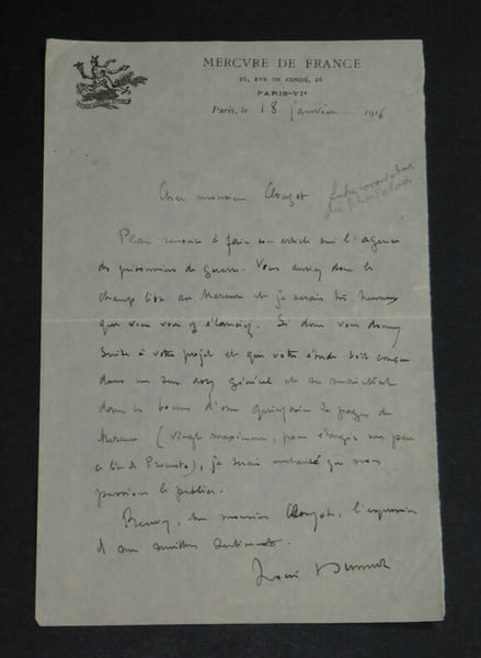 Louis DUMUR - Lettre autographe sign&eacute;e &agrave; Monsieur CLOUZOT - Agence des prisonniers de Guerre - Guerre 14/18 - 1916. Louis DUMUR