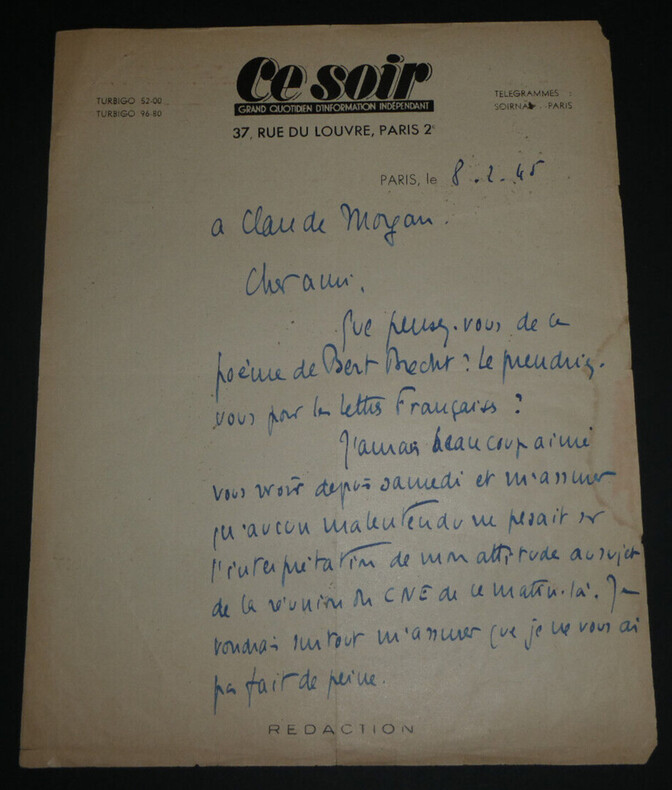 Jean-Richard BLOCH, LETTRE AUTOGRAPHE SIGN&Eacute;E A Claude NOYAU SUR Bert BRECHT 1945. Jean-Richard BLOCH