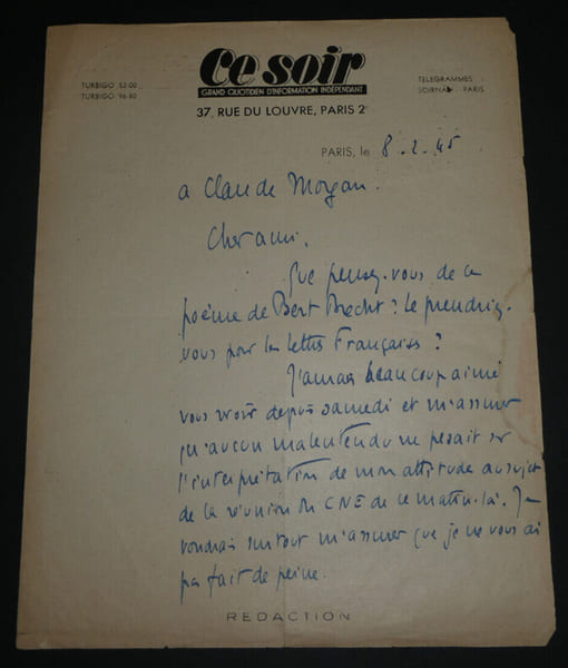 Jean-Richard BLOCH, LETTRE AUTOGRAPHE SIGN&Eacute;E A Claude NOYAU SUR Bert BRECHT 1945. Jean-Richard BLOCH