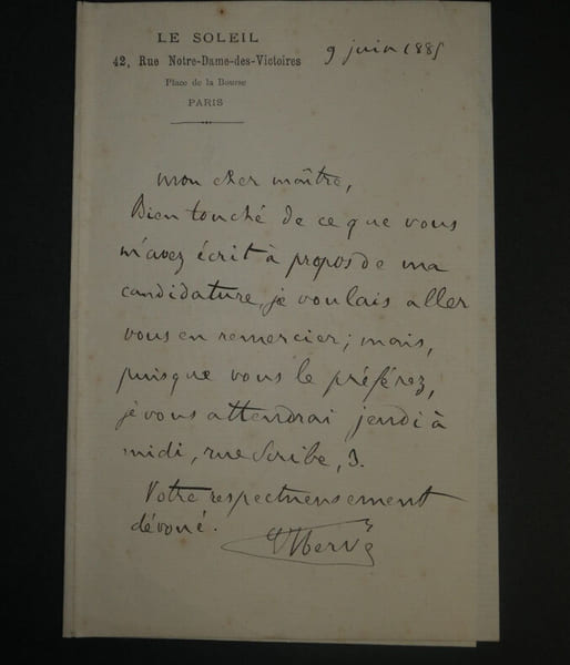 Edouard HERV&Eacute; - LETTRE AUTOGRAPHE SIGN&Eacute;E de remerciement 1885. Edouard HERV&Eacute;
