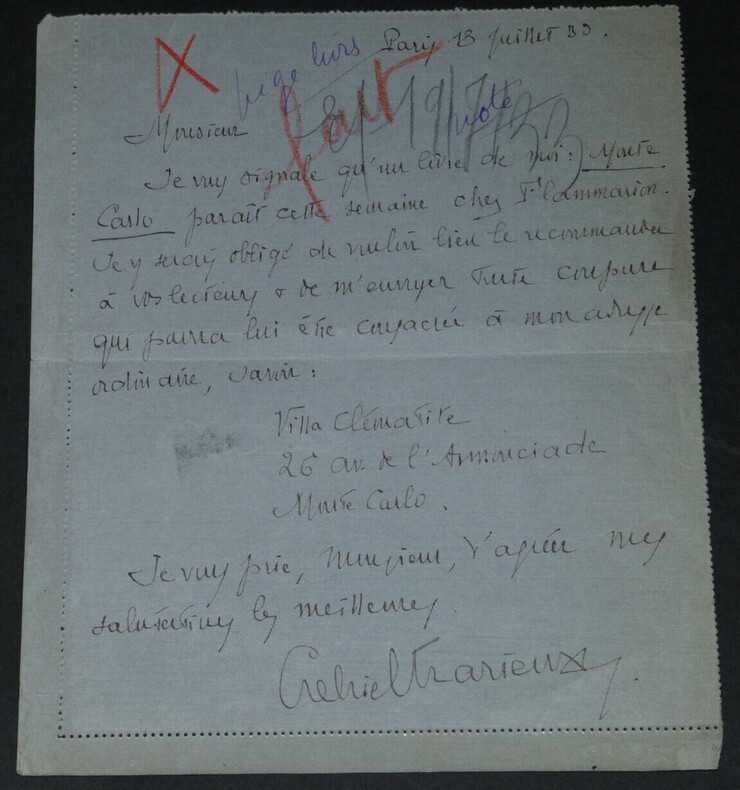 Gabriel TRARIEUX - LETTRE AUTOGRAPHE SIGN&Eacute;E article Monte Carlo Flammarion, 1939. Gabriel Trarieux