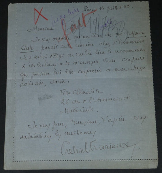 Gabriel TRARIEUX - LETTRE AUTOGRAPHE SIGN&Eacute;E article Monte Carlo Flammarion, 1939. Gabriel Trarieux