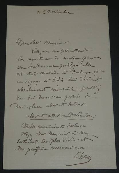 Am&eacute;d&eacute;e de No&eacute; dit Cham, Illustrateur - LETTRE AUTOGRAPHE SIGN&Eacute;E. Am&eacute;d&eacute;e de No&eacute;, dit Cham