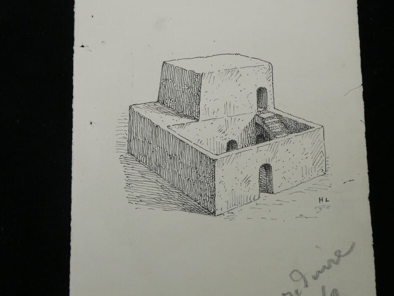 Dessin original sign&eacute; - Maison &eacute;gyptienne d'apr&egrave;s une maquette de l'&eacute;poque (Mus&eacute;e du Louvre). Louis Henri Laffill&eacute;e