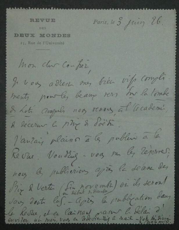 Ren&eacute; DOUMIC - LETTRE AUTOGRAPHE SIGN&Eacute;E &agrave; ZAMACO&Iuml;S, 1926, Sur la tombe de Loti. Ren&eacute; Doumic