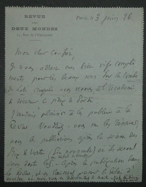 Ren&eacute; DOUMIC - LETTRE AUTOGRAPHE SIGN&Eacute;E &agrave; ZAMACO&Iuml;S, 1926, Sur la tombe de Loti. Ren&eacute; Doumic