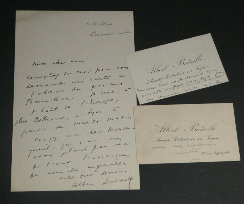 Albert BATAILLE - LETTRE AUTOGRAPHE SIGN&Eacute;E & DEUX CARTES DE VISITE. Albert BATAILLE
