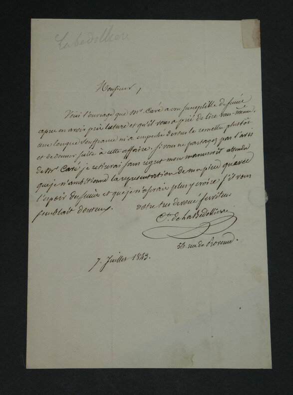 &Eacute;mile de la B&Eacute;DOLLI&Egrave;RE - LETTRE AUTOGRAPHE SIGN&Eacute;E - 1843. &Eacute;mile de la B&Eacute;DOLLI&Egrave;RE