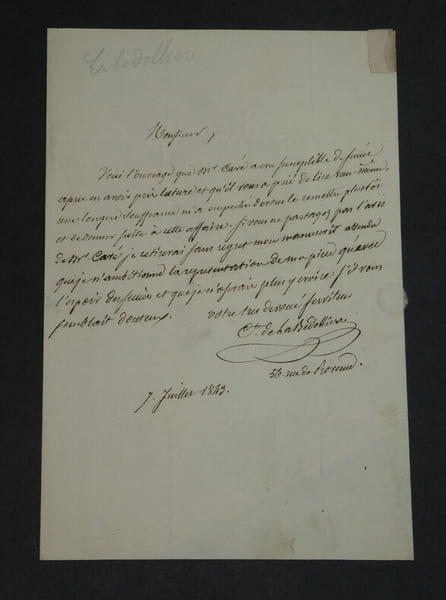 &Eacute;mile de la B&Eacute;DOLLI&Egrave;RE - LETTRE AUTOGRAPHE SIGN&Eacute;E - 1843. &Eacute;mile de la B&Eacute;DOLLI&Egrave;RE