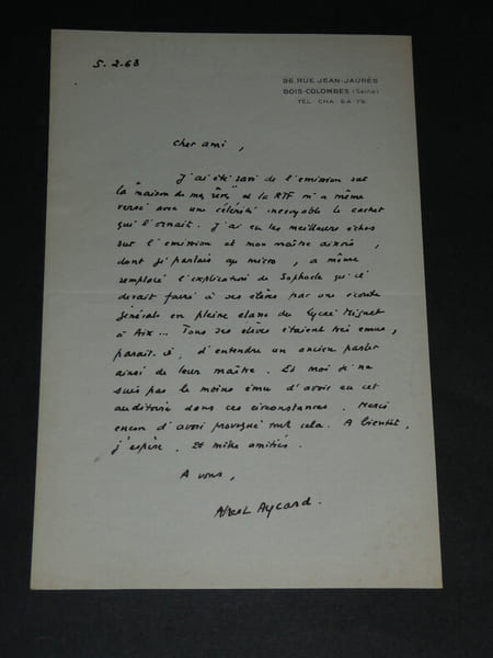 Albert Aycard, Lettre autographe sign&eacute;e &agrave; Pierre Lhoste, &Eacute;mission de la RTF 1963. Albert Aycard