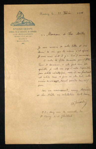 Andr&eacute; G&Eacute;RARDIN, Math&eacute;maticien - LETTRE AUTOGRAPHE SIGN&Eacute;E, 1908. Andr&eacute; G&Eacute;RARDIN