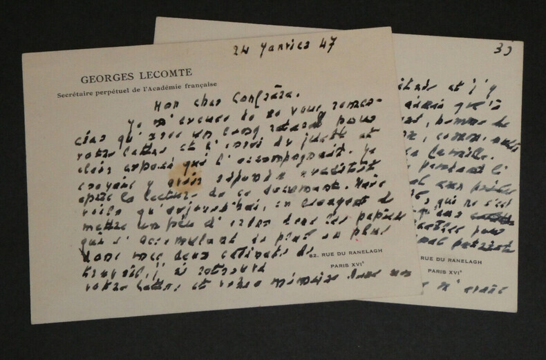Georges Lecomte - Carte lettre autographe sign&eacute;e - 1947 - 4 pages. Georges Lecomte