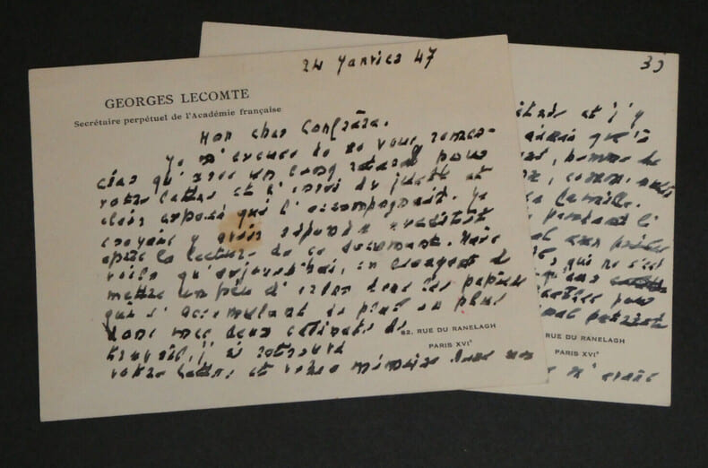 Georges Lecomte - Carte lettre autographe sign&eacute;e - 1947 - 4 pages. Georges Lecomte