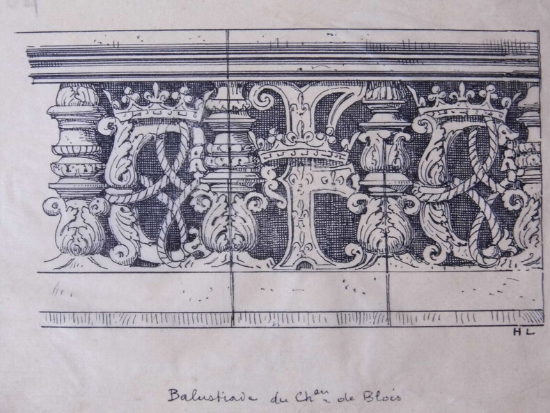Balustrade du ch&acirc;teau de Blois - Dessin original sign&eacute;. Louis Henri Laffill&eacute;e