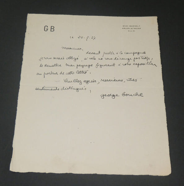 George BOUCHE, Peintre - LETTRE AUTOGRAPHE SIGN&Eacute;E, 20 Juillet 1927. George BOUCHE